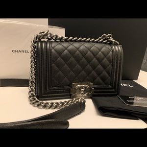Chanel Small Boy Bag silver/ black caviar leather